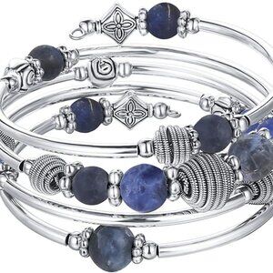 Beaded Chakra Bangle Turquoise Bracelet Silver Metal Wrap Jewelry for Women